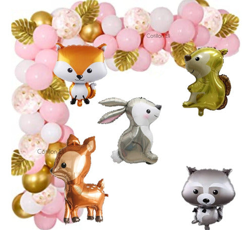 Combo Globos Bosque Chic Rosa Animalitos Selva Baby Deco 0