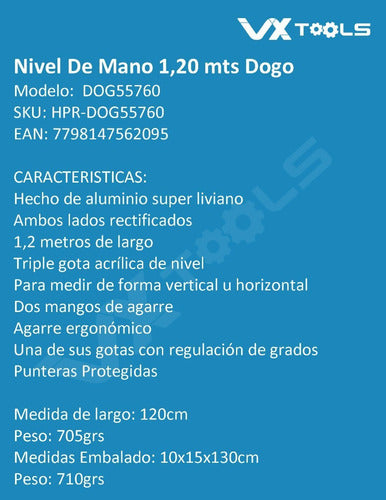 Aluminum Tubular Dogo Hand Level 1.2 Meters Dog55760 1