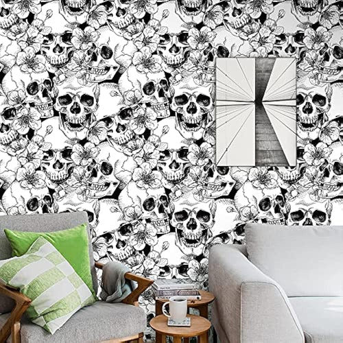 COKCOKR Skull Floral Peel And Stick Wallpaper Para Dormitorio Negro 1