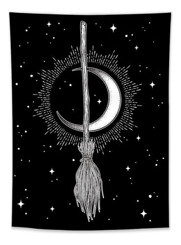 HVEST Witch's Broom Moon Tapestry Wall Hanging Black And 0