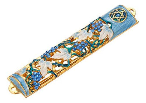 Matashi Hand Painted Blue and Ivory Enamel Grape Mezuzah Emb 3