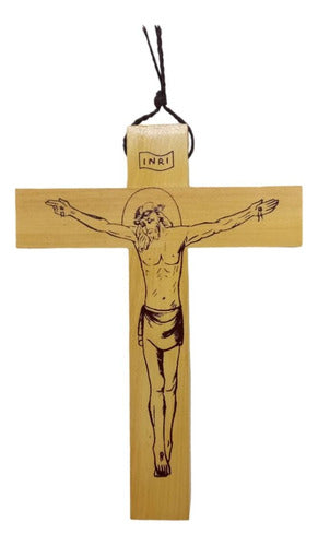 Wooden Crucifix with Pyrographed Christ 15cm Light Brown 0