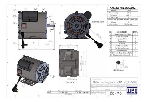 Motor Hormigonera Weg 150l 600w 1500rpm Aluminio 2