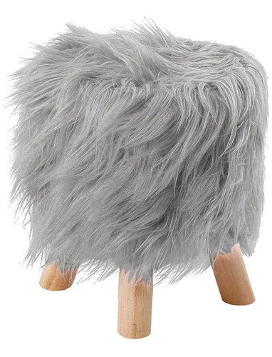 Fluffy Stool with Long Fur Cover and Wooden Legs 1