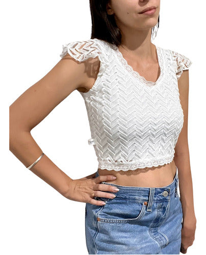 Florencia Casarsa Top De Fiesta Blusa Remera Tejida Calada Encaje Escote En V 0