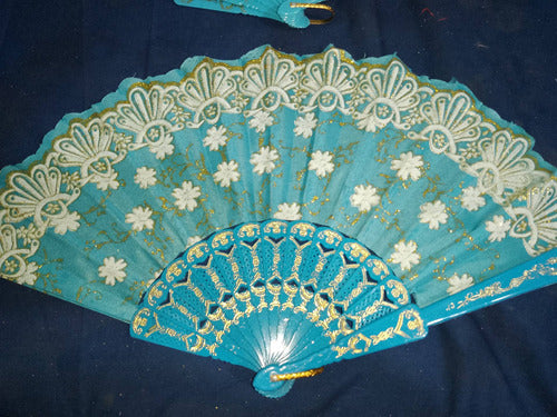 Turquoise Plastic Fan with Golden Print 1