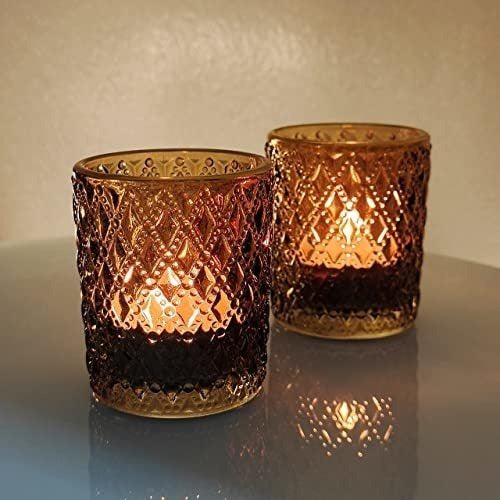 Shmilmh 12 Amber Glass Tealight Candle Holders With Rim - (5x7cm) 5