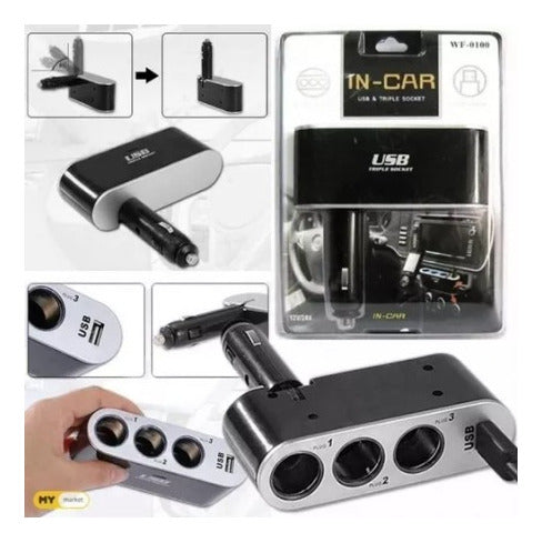 Cargador Triple Encendedor De Auto  12 V + 2 Usb Polestar 2