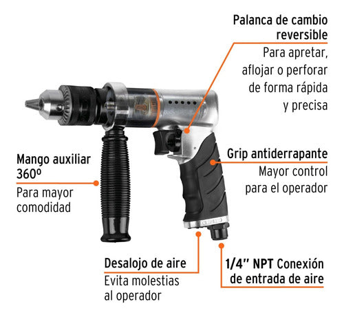 Truper Pneumatic Drill 1/2" Reversible Variable Speed 800 Rpm 90psi 1