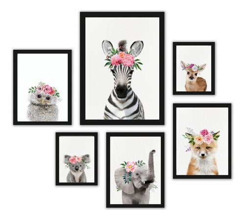 Quadros Infantis Animais Com Flores - Vidro E Moldura Branca 0