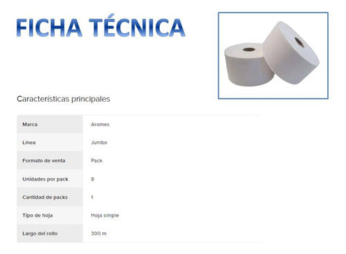 Aromes Papel Higienico Blanco Jumbo 300 Mts X 8 Rollos Linea Eco 1