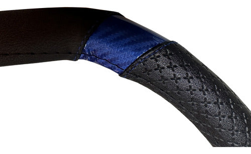 Iael Cubre Volante Base Plana Cuerina Negro Con Azul Carbono 38cm 2