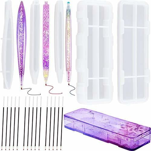 Geiserailie Pencil Case Resin Mould and 3 Pieces Pen Shape Silicone Casting Moulds and 15 Ballpoint Refill Pens Small Storage Containers Mould Cylinder Shaped Epoxy Casting Moulds for DIY Resin Crafts Making 0