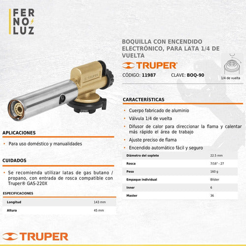 Truper Soplete Gas Butano Encendido Electrónico Boq-90 1