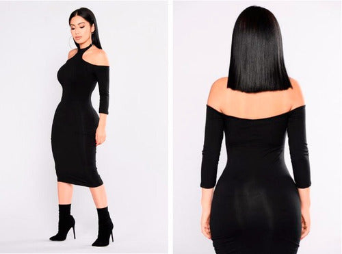Fitted Off-Shoulder Dress with Choker Neckline 2
