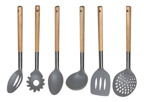 Set 6 Utensilios Nylon Con Mango De Madera Hudson Gris 1