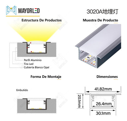 Aluminum Profile for LED Model 3020A 6m Recessed by Mayorled 1