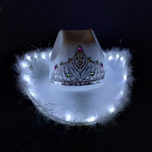 Cowboy Cowgirl LED Light-Up Hat with Feathers and Crown - White or Pink 2