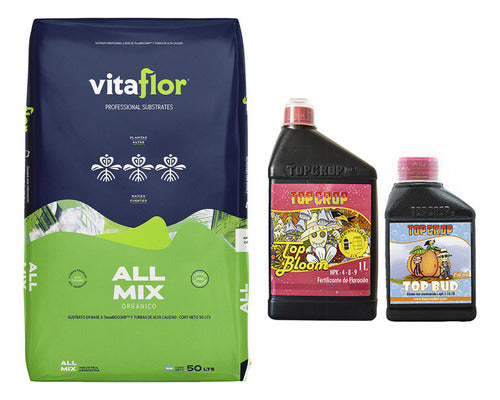 Organic Plant Growth Kit: AllMix Substrate 50L with Top Crop Bloom 1L and Bud 250ml 0