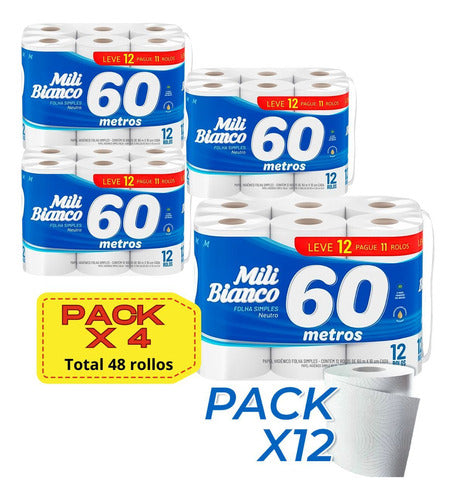 Mili Pack Toilet Paper 12 Rolls of 60 Mts Pack X4 1