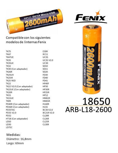 Fenix Rechargeable Battery ARB-L18 2600mAh 18650 X2 Units 1