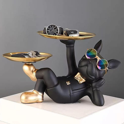 Baojulong Cool Resin Dog Statue Black 2 Bandejas De Metal Co 3