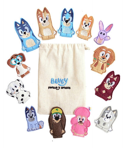 Pack 13 Títeres De Dedo Bluey Familia Y Amigos Bolsa Bordada 0