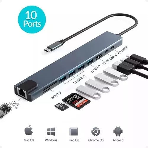 Malvo Adaptador Hub Usb-C 10 En 1 Hdmi 4K Macbook Pc Sd Pendrive 2