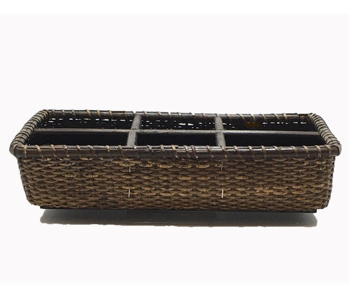 Rectangular Rattan Organizer Basket Tray with 6 Divisions Woven 0