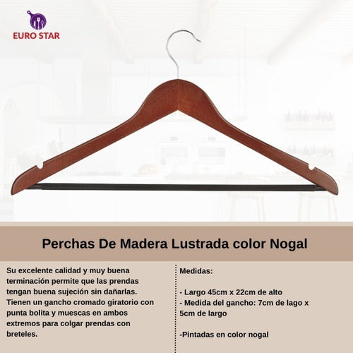 Perchas De Madera Lustrada De Color Nogal Pack X10 Premium 1