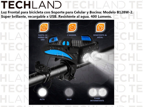 Techland Bicycle Horn with Lights - Rechargeable USB & Phone Holder 1