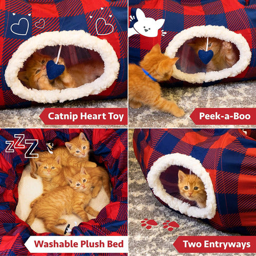 Kitty City Cama Túnel Entretenimiento Para Gatos Diseño A Cuadros Rojo 2