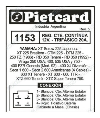 Yamaha Regulador Voltaje FZR Genesis Mod 92 Pietcard 1153 1