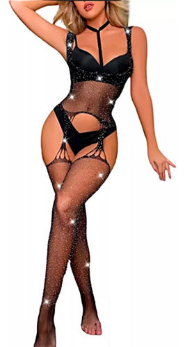 Catsuit Bodystocking Lingerie Stretchable Rhinestone Shimmers S to XL 0