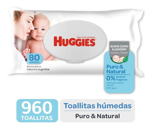 Huggies Puro y Natural Wet Wipes X 80 Pack X 12 0