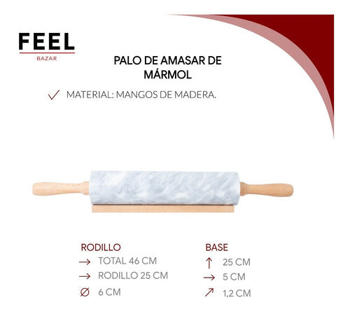 Feel Bazar Marble Rolling Pin with Wooden Handle 46cm 1