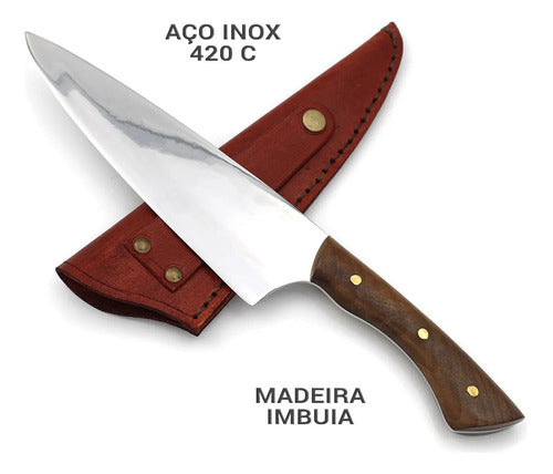 Faca Chef Artesanal Holder Aço Inox Cirúrgico Cabo Madeira 2