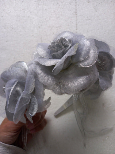 V506 Silver Flowers Headband with Silver Ribbon 4