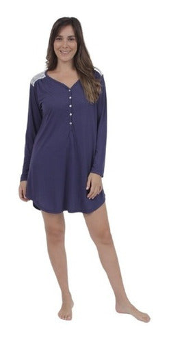 Women's Long Sleeve Nightgown with Soft Lace and Buttons 1