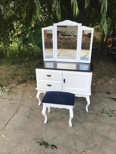 Elegant Solid Wood Luis XV Dresser with Mirror and Upholstered Stool 0