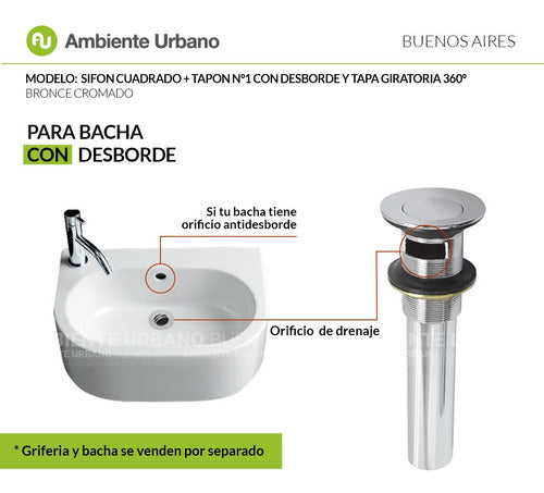 Ambiente Urbano Sifon Cuadrado Descarga Cromo + Tapon Con Desborde Tapa 360º 4