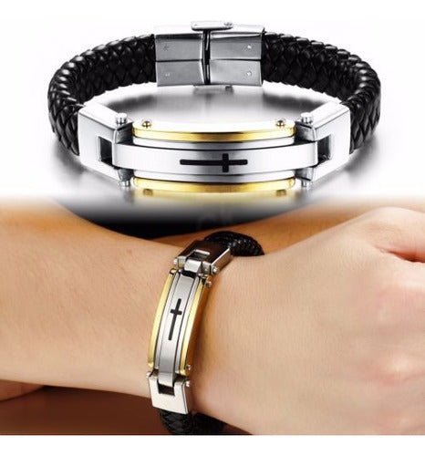 Opk Braided Leather and Cross Stainless Steel Bracelet 1