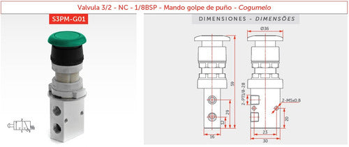 Valvula Neumatica 3/2 Mando Golpe De Puño, 1/8 Bsp 3 Vias Nc 1