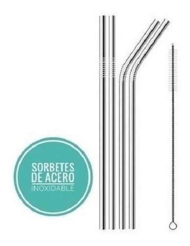 Stainless Steel Reusable Straight Straws x4 with Cleaner - MegaCuper - Sorbetes Reutilizables Acero Inox X 4 Mas Limpiador Mod Rect