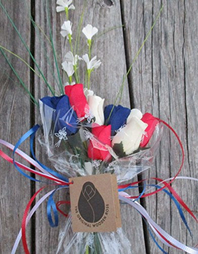 The Original Wooden Rose Artificial Wood Bouquet 1 Dozen Red White Blue 1