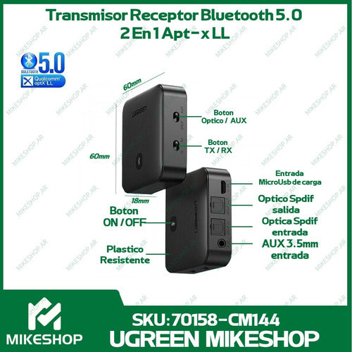 Transmisor Receptor Bluetooth 5.0 2 En 1 Apt-x Usb / Ugreen 2