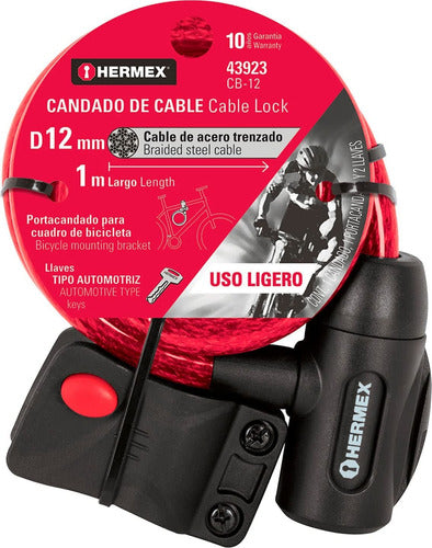 Candado De Cable Bicicleta Moto 12mm 100cm Con Llave Hermex 1