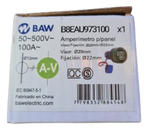 BAW Ojo Buey Volt Amperímetro Baw 29mm 100amp Verde 50 500volt 4