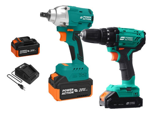 Power Action Kit Drill + Impact Wrench 20V + 2 Batteries + Charger 0