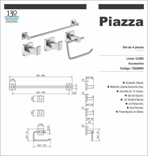 Piazza Kit Toallero Percha Portarollo 4 Piezas Cube Nickel 3